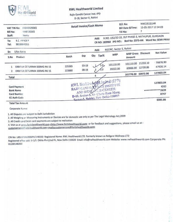15th May chemotherapy bill