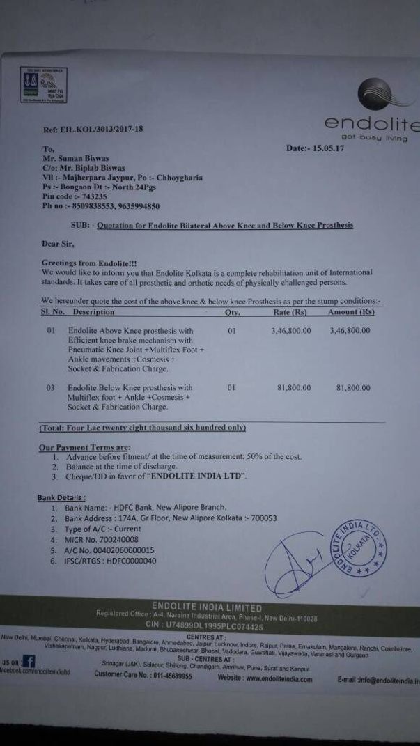 Estimate for His Artificial Limbs