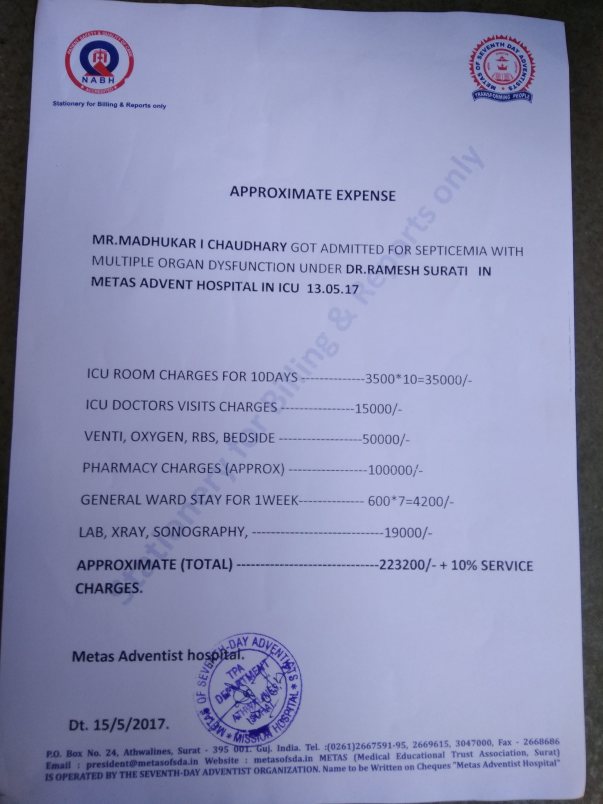 This was approximate bill for initial 10 days of treatment at Metas.