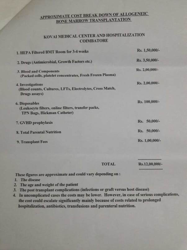 Bone marrow transplantation cost details