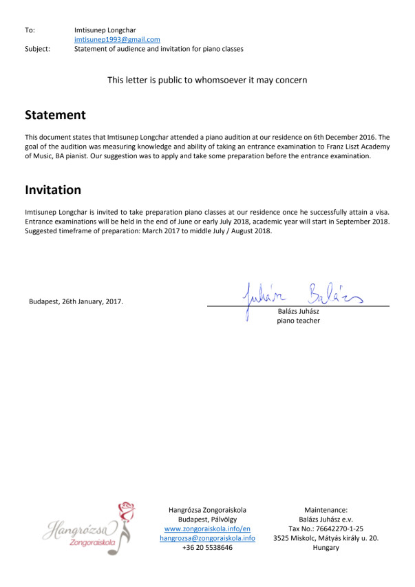 Acceptance/invitation letter