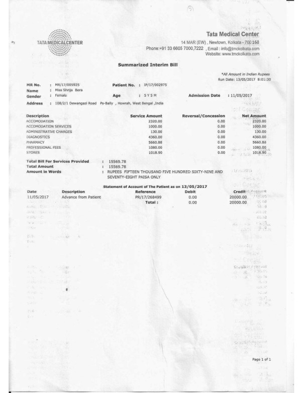 Summerized Interim Bill TATA MEDICAL CENTER