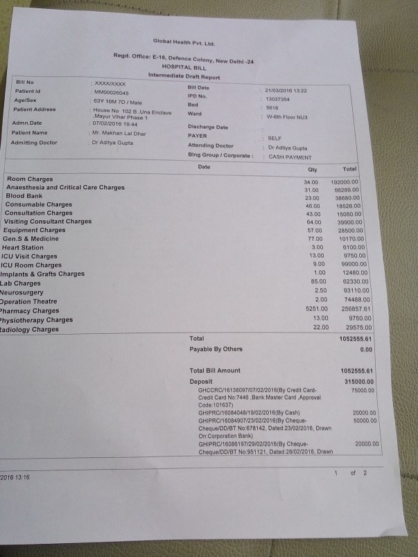 Billing during stay at Medanta hospital