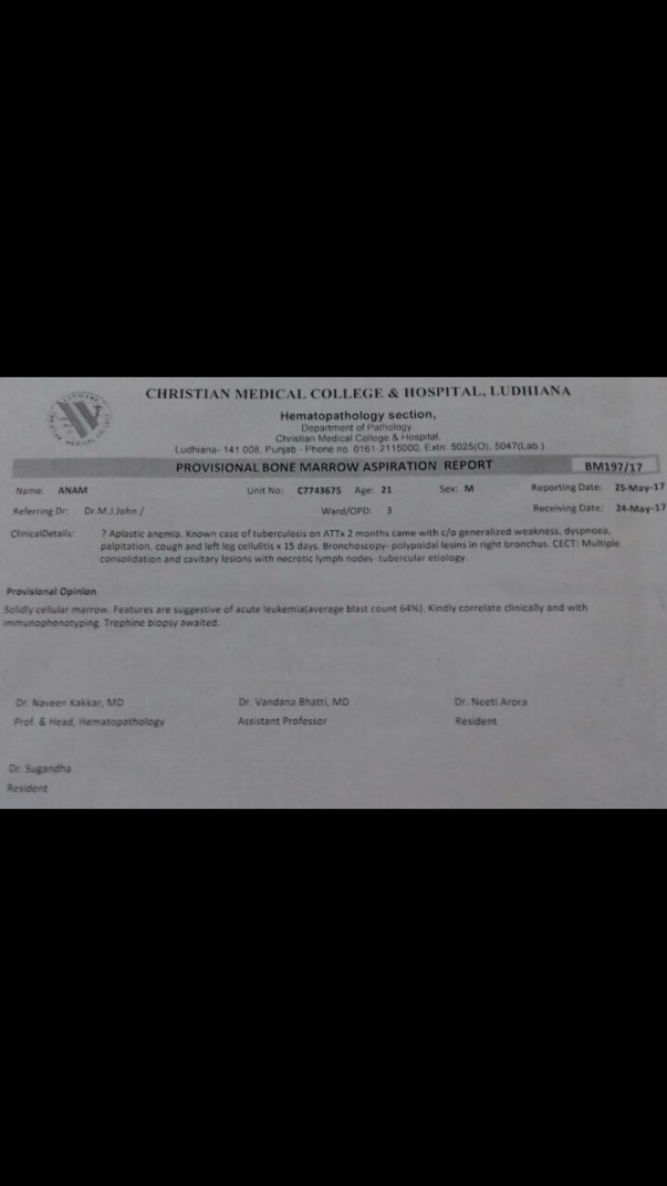 diagnosed with leukemia(BloodCancer), CMC hospital Ludhiana, Punjab.