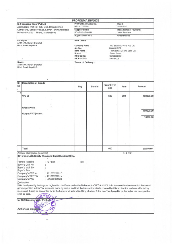 Proforma Invoice for 600 raincoats fot the children