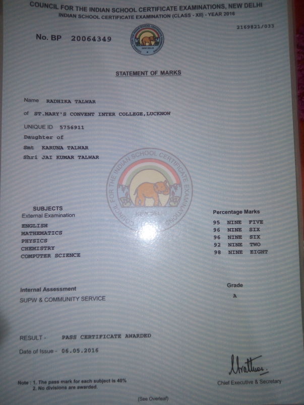This is my class 12th marksheet