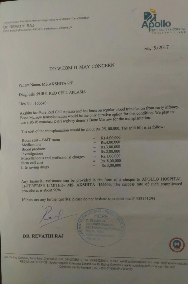 bone marrow transplantation treatment expenses letter