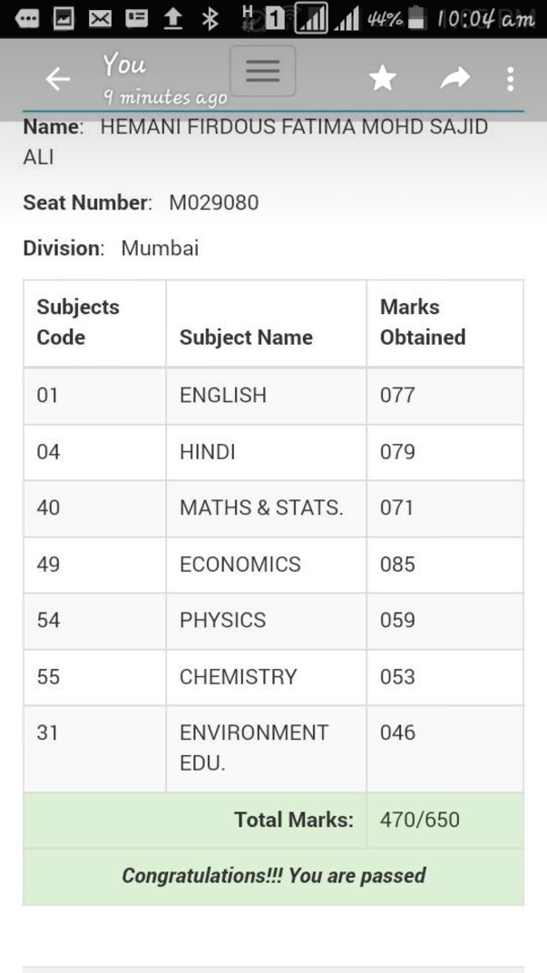 Screensgot of the online result