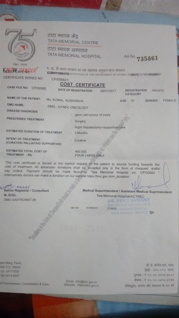 Cost certificate provided by doctor