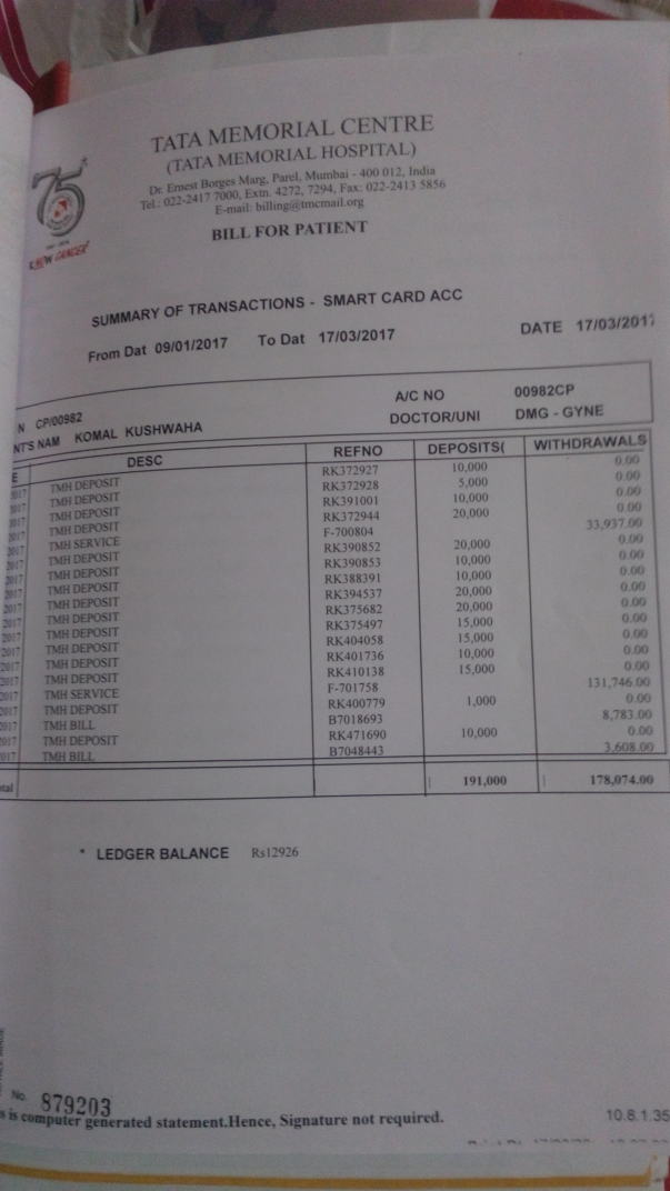 Bill provided by the hospital