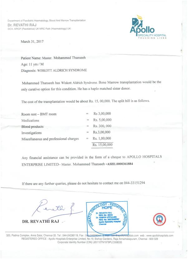 doctor's and hospital's (Appollo Chennai) estimate letter