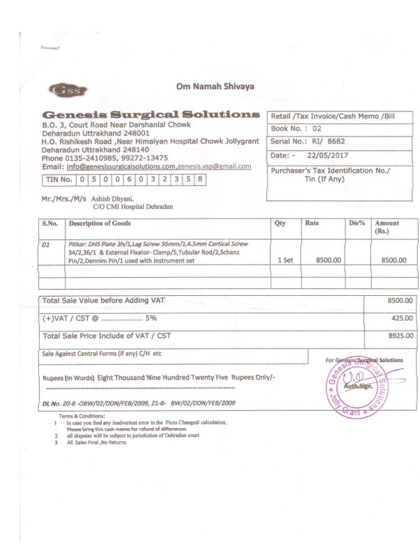 Ashish Blood And Other Medical Equipment Bills