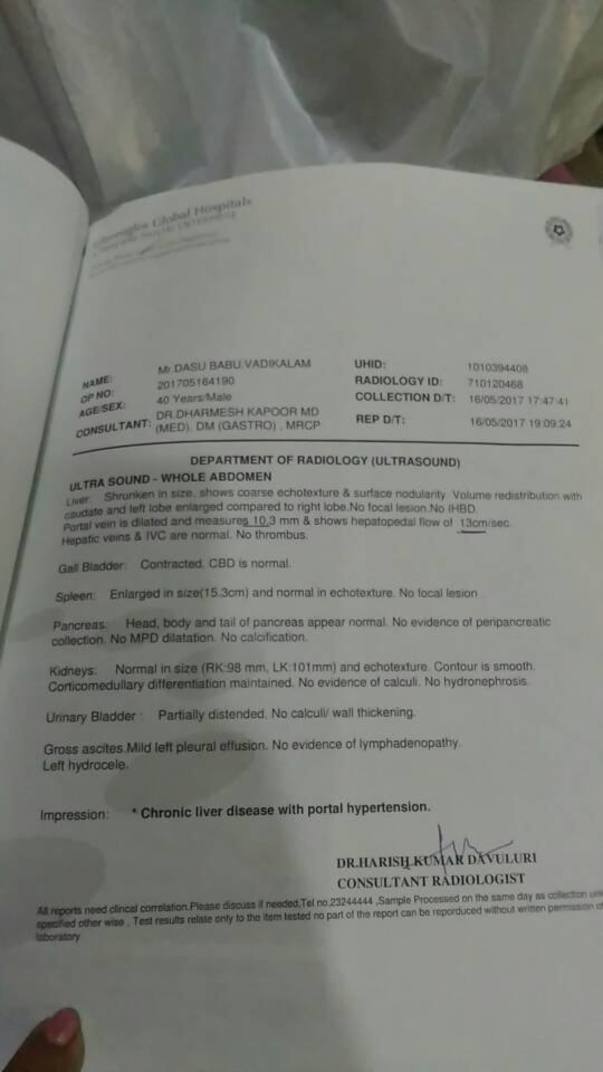 Diagnosis report of his liver taken at global hospitals in hyderabad