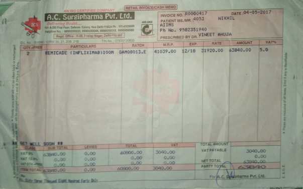 Receipt for the drug Remicade