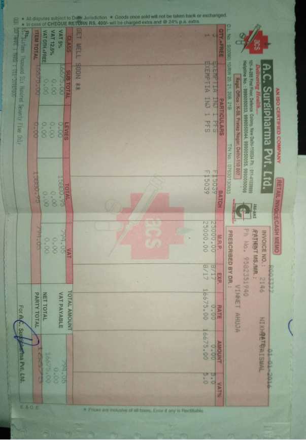 Receipt for the drug Exemptia