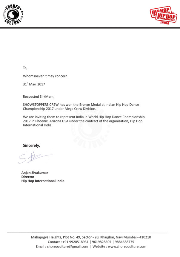 Letter Of Invitation from HIP HOP INTERNATIONAL