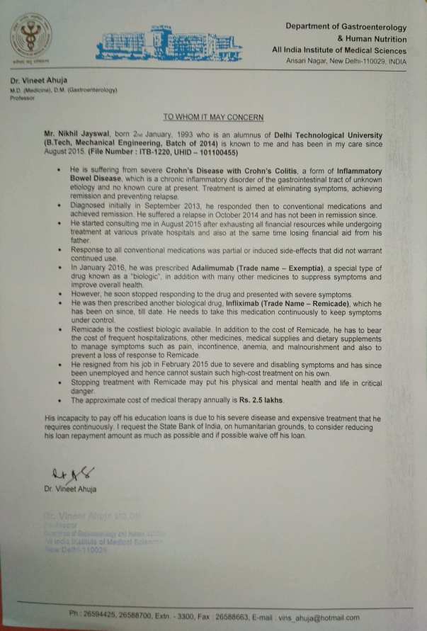 Letter from doctor detailing my medical and financial condition to SBI