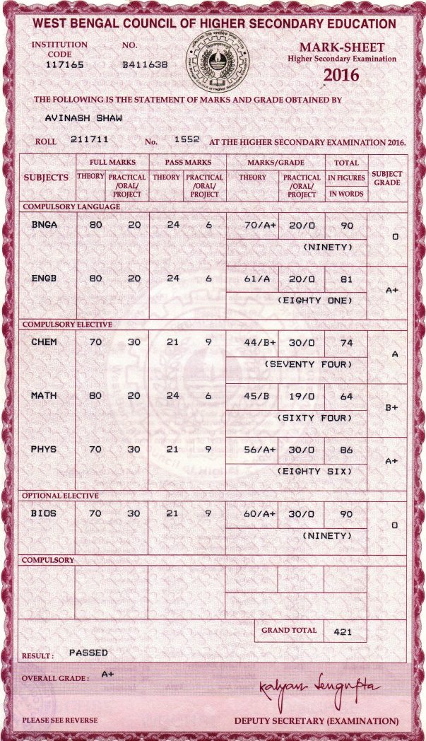 Higher Secondary Marks Card