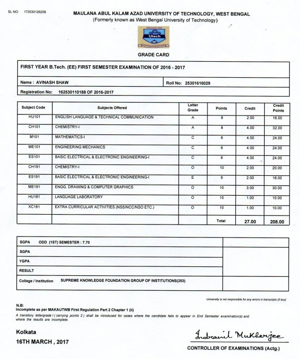 First Semester Grade Card