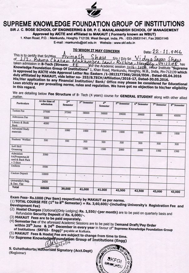 B.Tech Fee Schedule