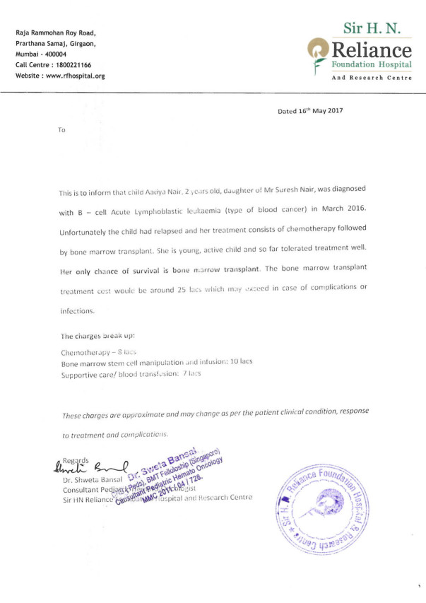 Doctor's letter advising treatment and cost of treatment