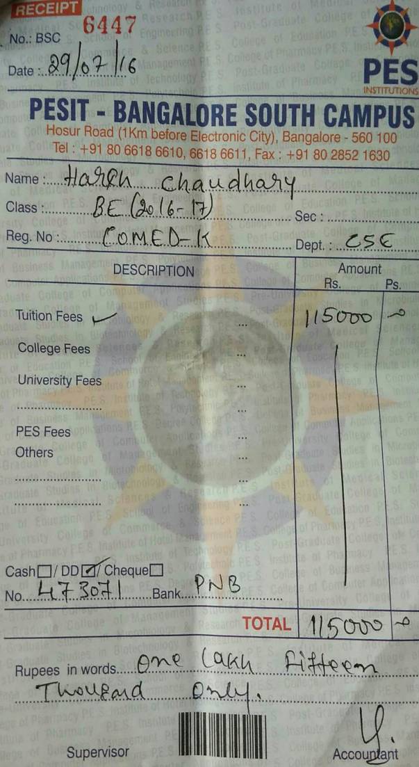 Fees after giving 50000 to comed-k