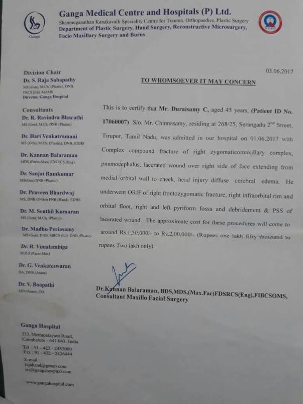 Doctor letter saying the treatment cost when admitted