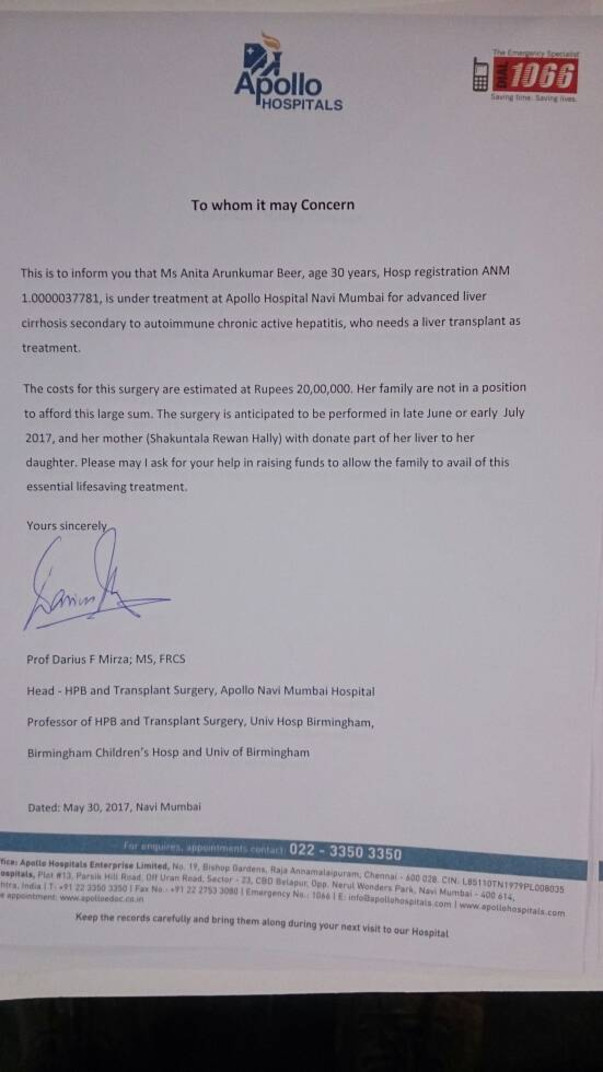 Dr Darius (Apollo Hospital) Letter for liver transplant.