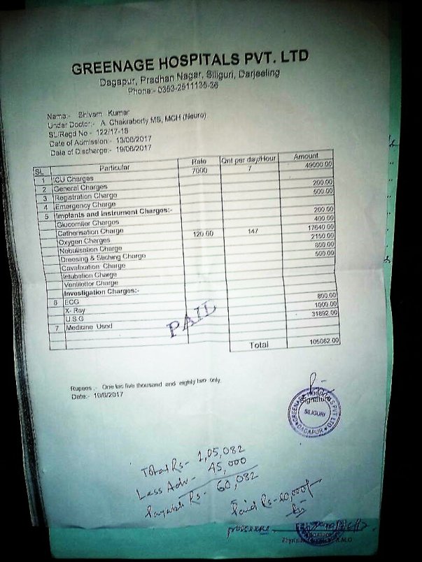 paid bill at greenage hospital siliguri