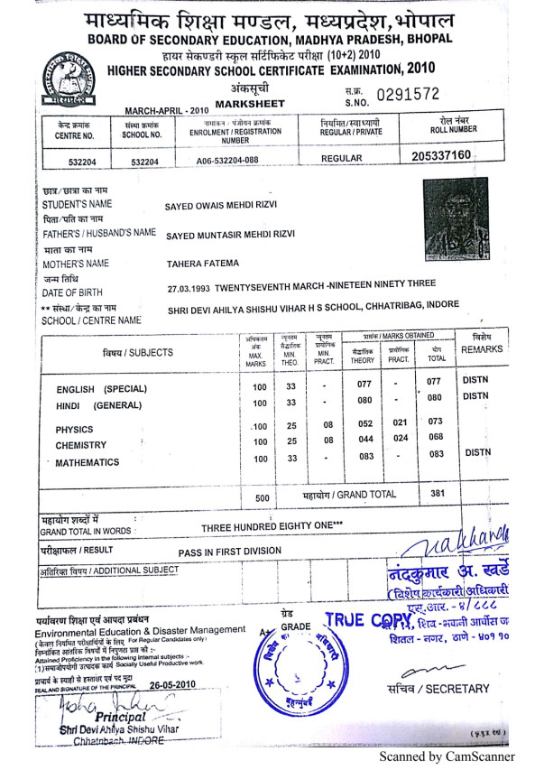 12th Marksheet