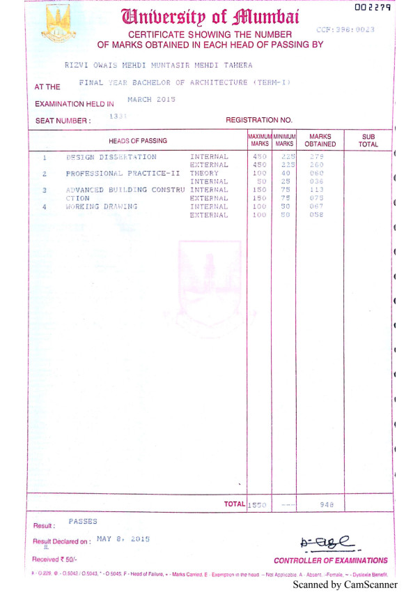 B.arch Marksheet