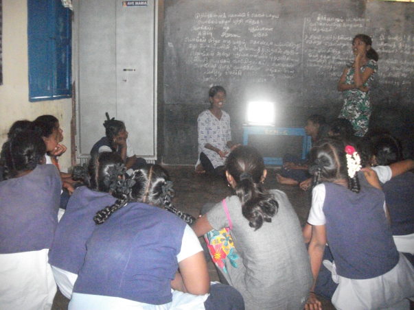 Priya and her friends are making a presentaion at a school in Vellore.