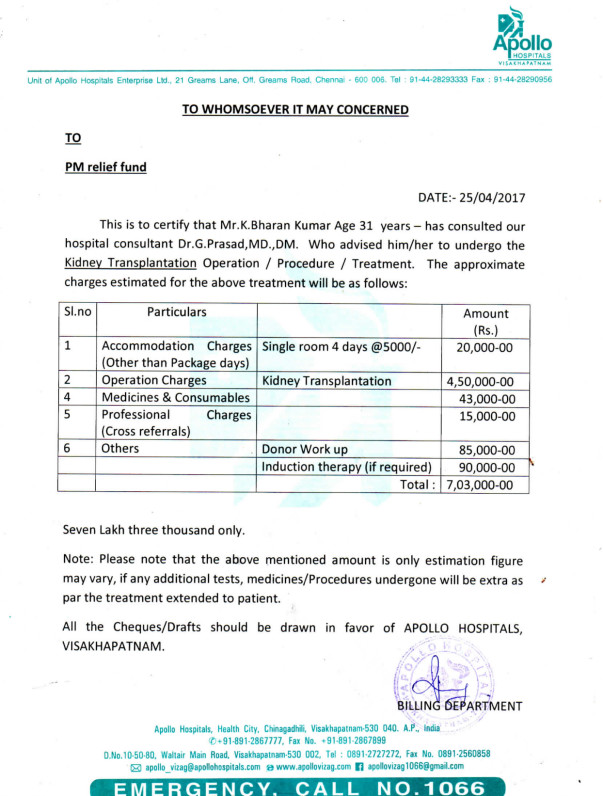 BHARAN KUMAR KGITHA - KIDNEY TRANSPLANTATION - MEDICAL REPORTS