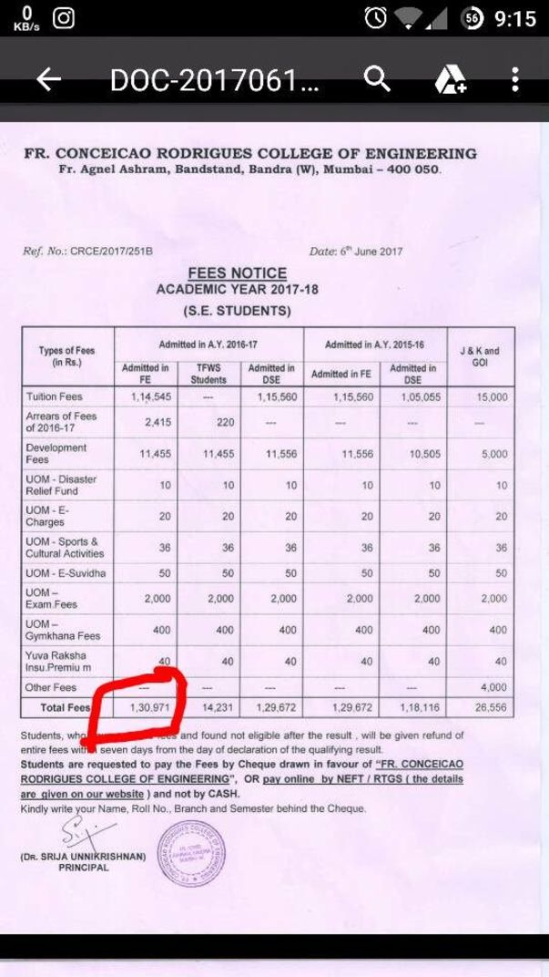 Sultan has received the college fee structure for 2017-18 as attached.