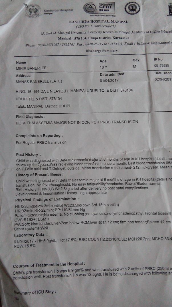 Report of regular blood transfusions