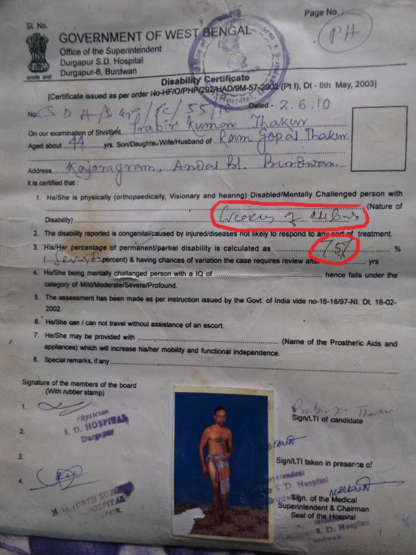 handicapped certificate with 75% disability