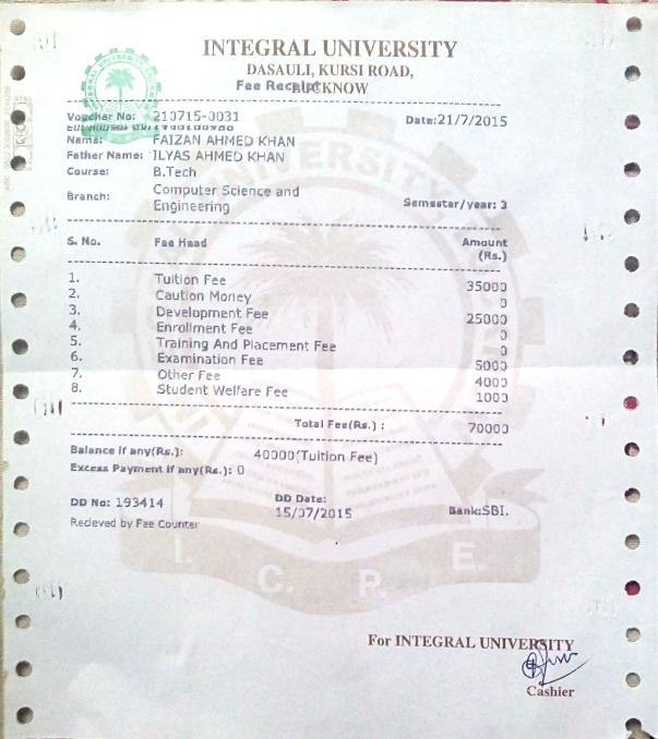 Previous year's fee reciept