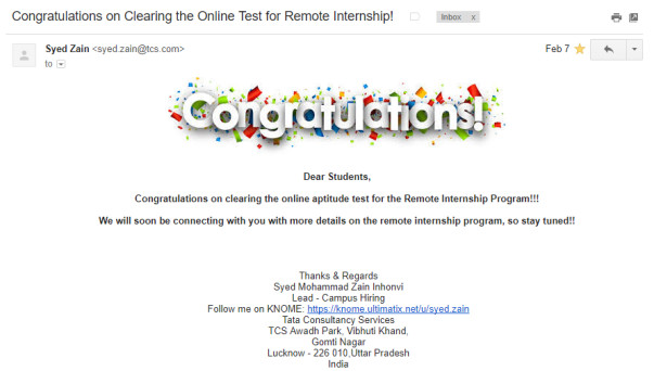 TCS Remote Internship 2.0 selection mail