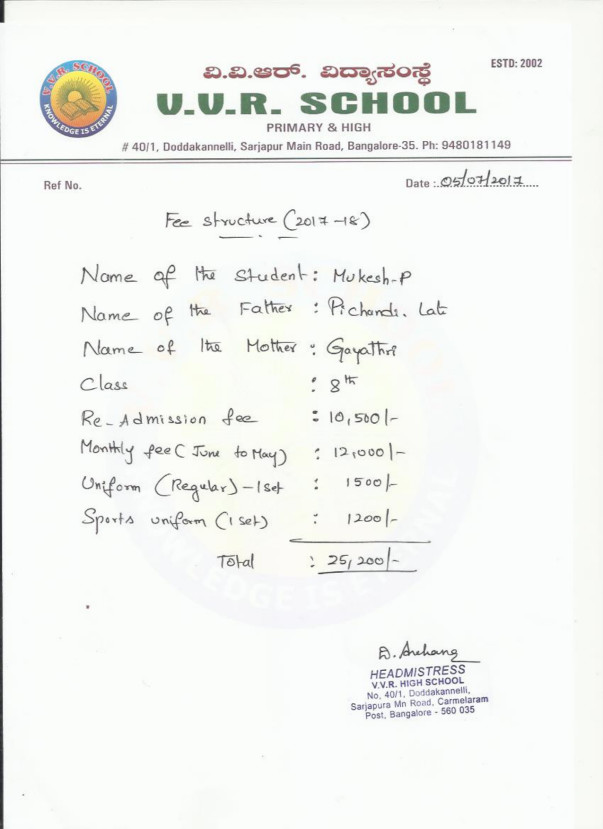 School Fee Structure for Mukesh