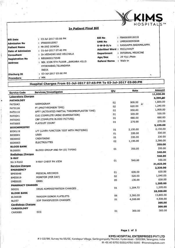 KIMS Hospital bill