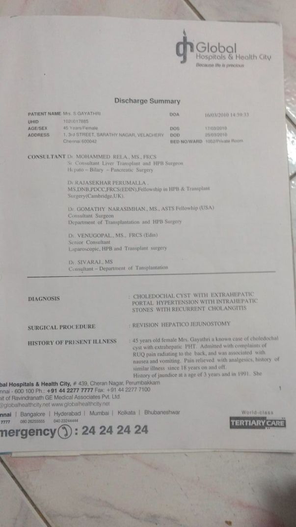 Discharge Summary from previous surgery at Global Hospital during 2010