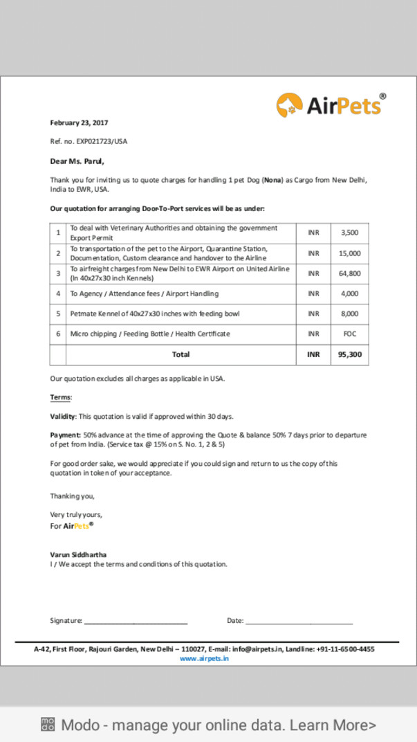 Transport quotation