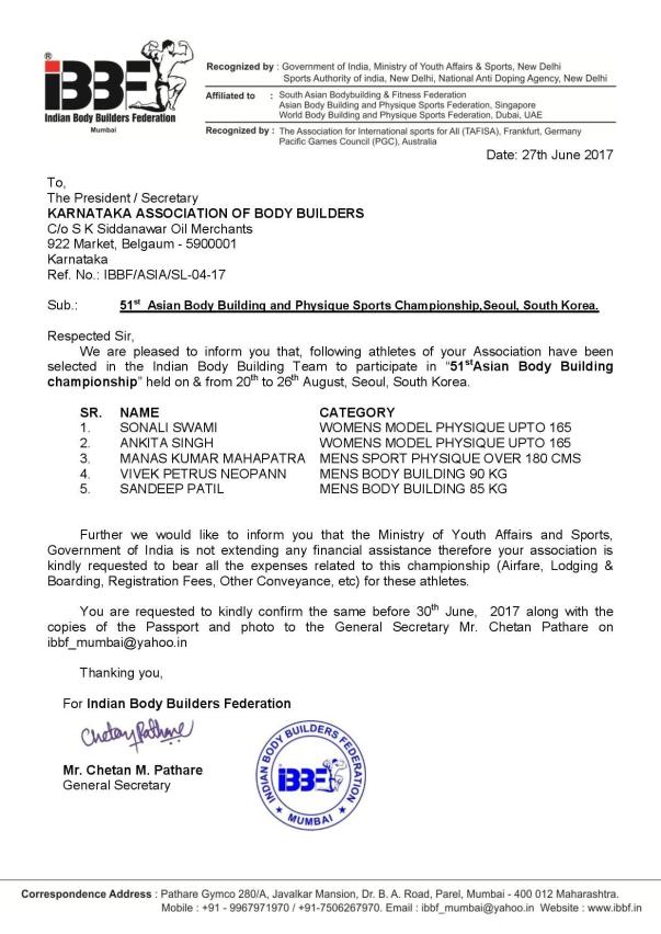 My selection letter from IBBF