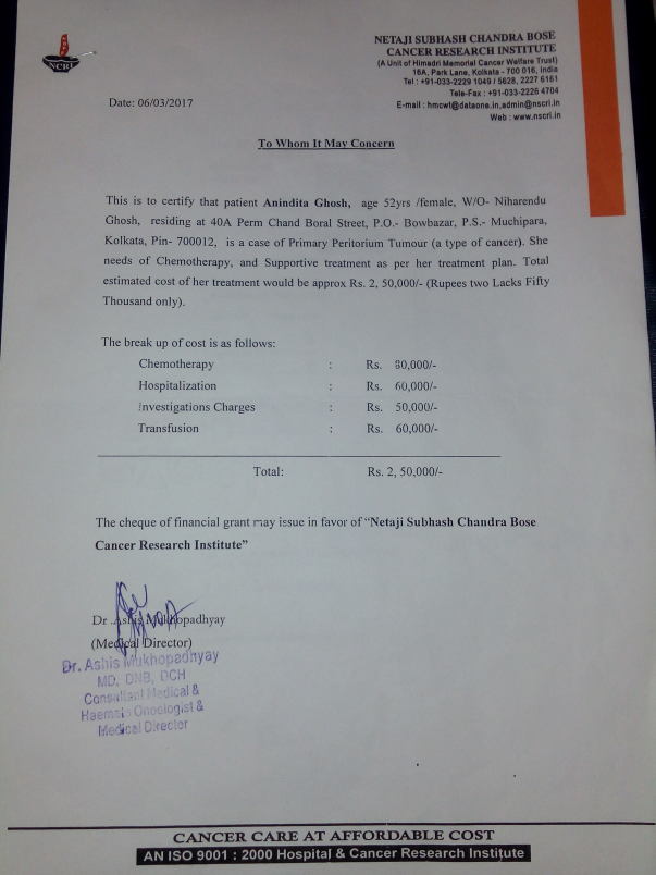 The estimated cost cerficate provided by the previous hospital NCRI