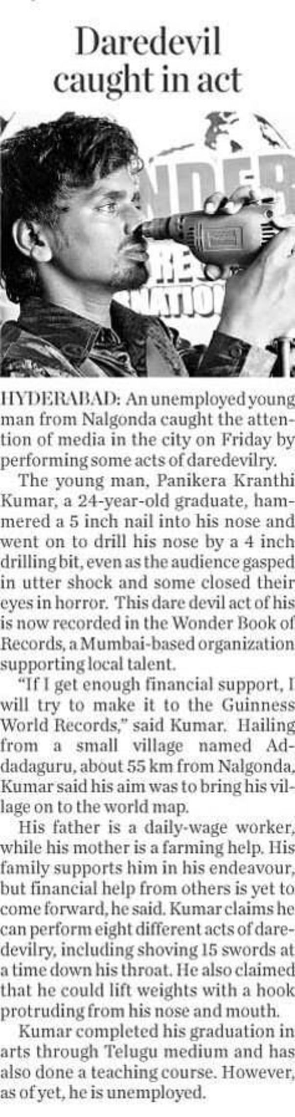 Kranthi, a daredevilry act performer in News