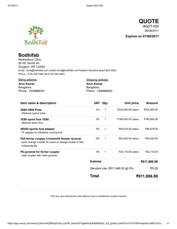 Quotation by a prosthetist for Blade foot & Sport knee joint