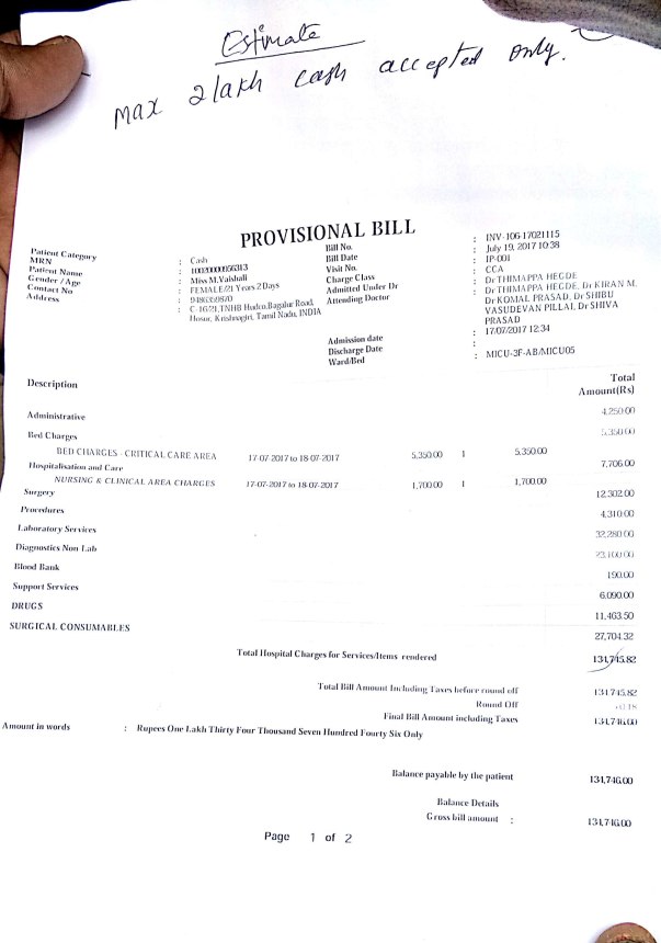 Provisional bill for eyebrow bone surgery