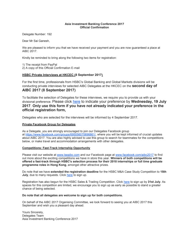 Official Confirmation Letter