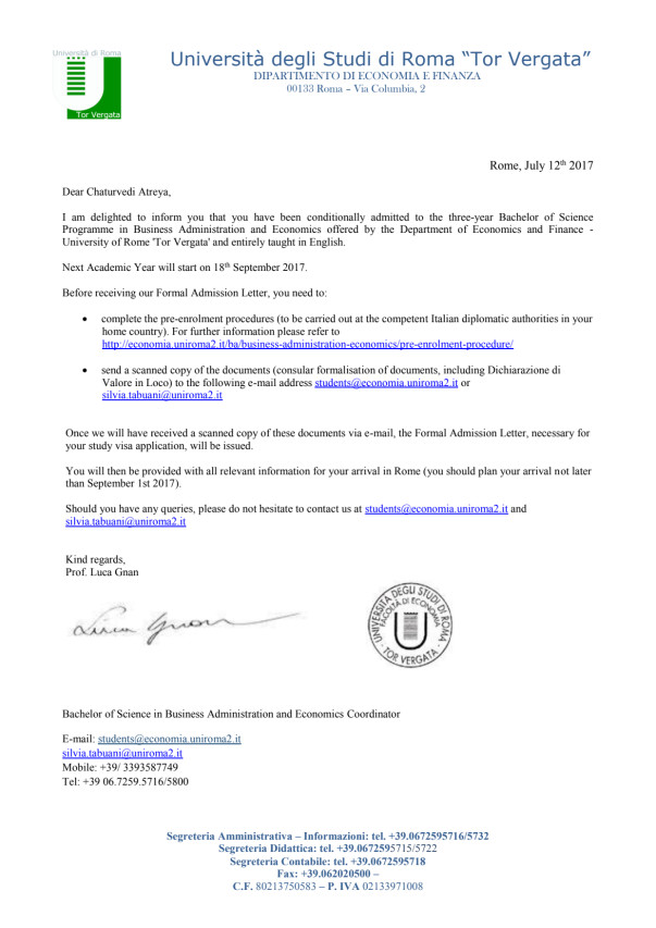 Conditional Admission Letter