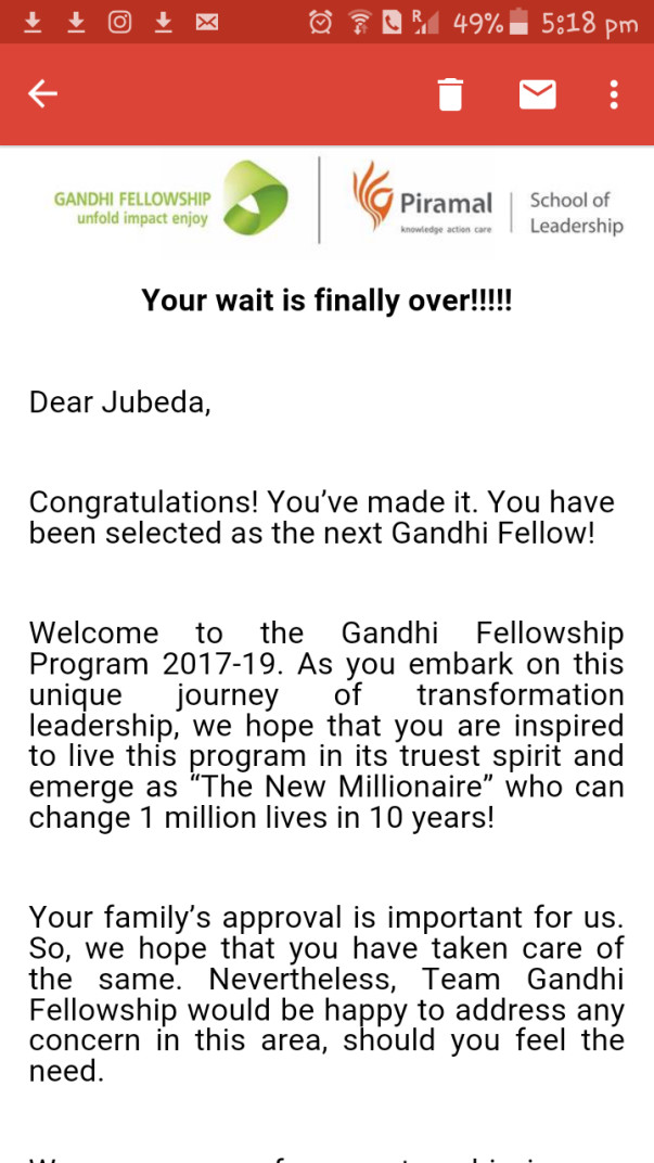 Gandhi fellowship acceptance email